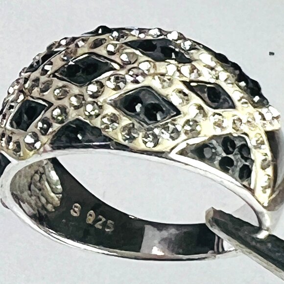 VTG Black & Silver CZ Ring Rhinestones Diamond Pattern Enamel Cocktail Band Sz 7 - Picture 1 of 5